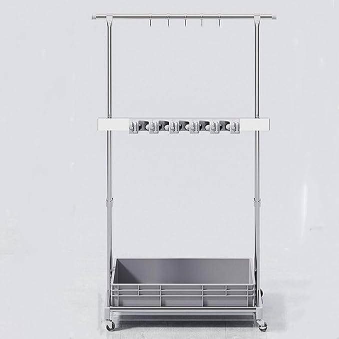Stainless Steel Floor-Standing Mop and Broom Holder, Mobile Cleaning Supplies Organizer with Double Poles and Wheels, Freestanding Cleaning Caddy for Kitchen, Bathroom or Utility Room(Gray,67cm/26.4in