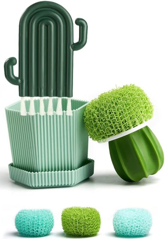 Kitchen Cleaning Brush Set with Holder & Drip Tray – 3 Head Cactus Scrub Brush, Row Brush, Mini Dish & Pot Brushes – Durable Multi-Purpose Scrubbers for Sink, Pans, Plates, Cups (Green)