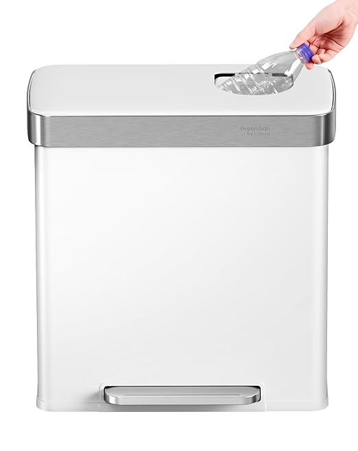 Cesun GreenGrin Kitchen Trash Can, 2x8 Gallon Dual Compartment Trash and Recycle Bin Combo, Double Stainless Steel Step Garbage Can with Lid, Recycling Push Flap,Removable Inner Buckets,30L+30L(White)