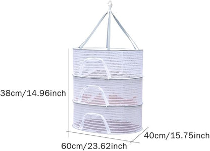 Herb Drying Rack, 3 Layer Foldable Hanging Mesh Net with Zipper, Collapsible Food Drying Fish Hanging Basket Dryer Net for Buds, Fruits, Vegetables, Herbs, Fish, Clothes, Doll(Size:M)