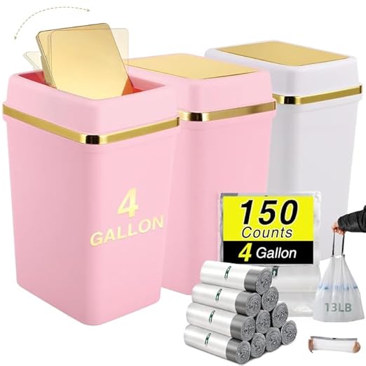 3 Pack Bathroom Trash Can with Lid 4 Gallon Small Trash Can with Swing Lid Bathroom Garbage Can with 150 Counts Trash Bags for Kitchen Bedroom Office(1 White 2 Pink)