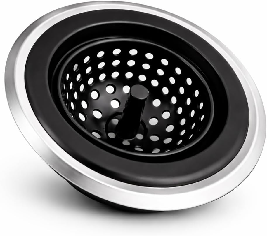 Kitchen Sink Strainer 2 Pack, Stainless Steel Rim with Silicone Basket, Anti-Clog Sink Drain Catcher, Food Strainer for Kitchen Sink, Fits Standard Drains, Black