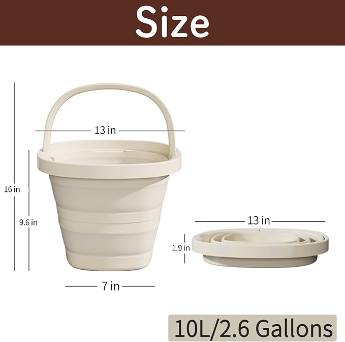 Collapsible Utility Bucket with Handle, 10L Sizes, Multi-Purpose for Foot Bath, Cleaning, Storage, Beige (Beige)