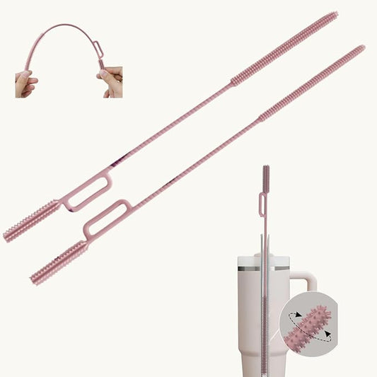 2-in-1 Dual-Head Straw Brush, Silicone Cleaning Brush for Straws & Lid Gaps, Long Flexible for Tumblers & Bottles, Non-Slip Handle, No-Scratch, 2 Pack (6mm & 9mm), Durable & Reusable (Blush Pink)