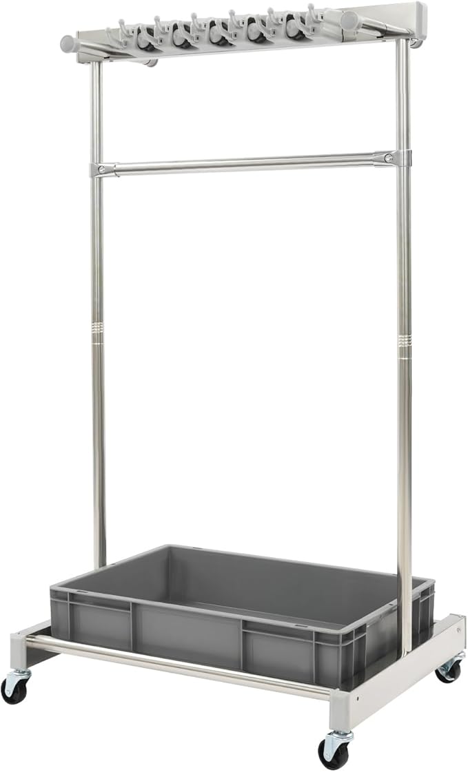 Broom Mop Holder Cleaning Supplies Organizer, Mobile Mop Rack with Water Basin & 12 Hooks, Freestanding Cleaning Tool Cart Storage Rack for Home Garden Garage Schools Hotels (Grey Basin)