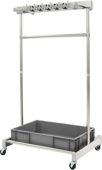 Broom Mop Holder Cleaning Supplies Organizer, Mobile Mop Rack with Water Basin & 12 Hooks, Freestanding Cleaning Tool Cart Storage Rack for Home Garden Garage Schools Hotels (Grey Basin)