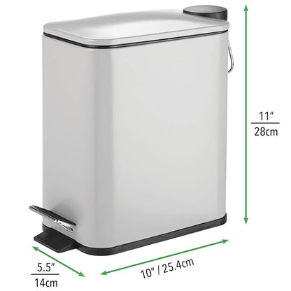 mDesign Slim Metal Rectangle 1.3 Gallon/5 Liter Trash Can with Step Pedal, Easy-Close Lid, Removable Liner - Narrow Wastebasket Garbage Container Bin for Bathroom, Bedroom, Kitchen - Matte Gray