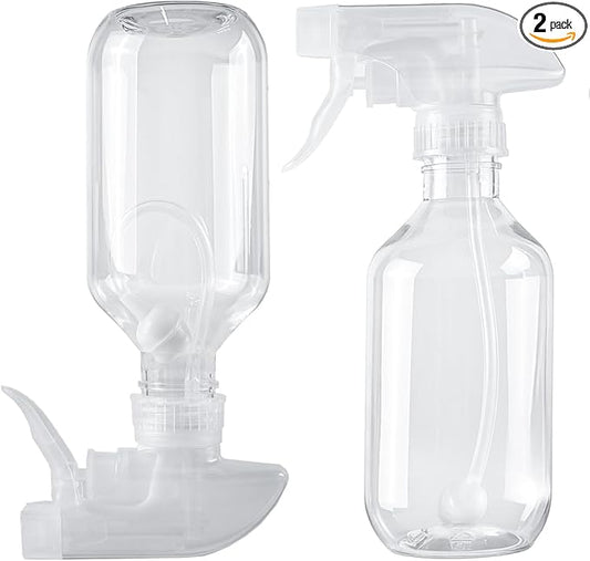 2 Pack 360° Spray Bottles, 10 oz Plastic Small Containers with Adjustable Spray Nozzles, Spray Bottles for Hair, Cleaning Solutions, BBQ and Plants Clear