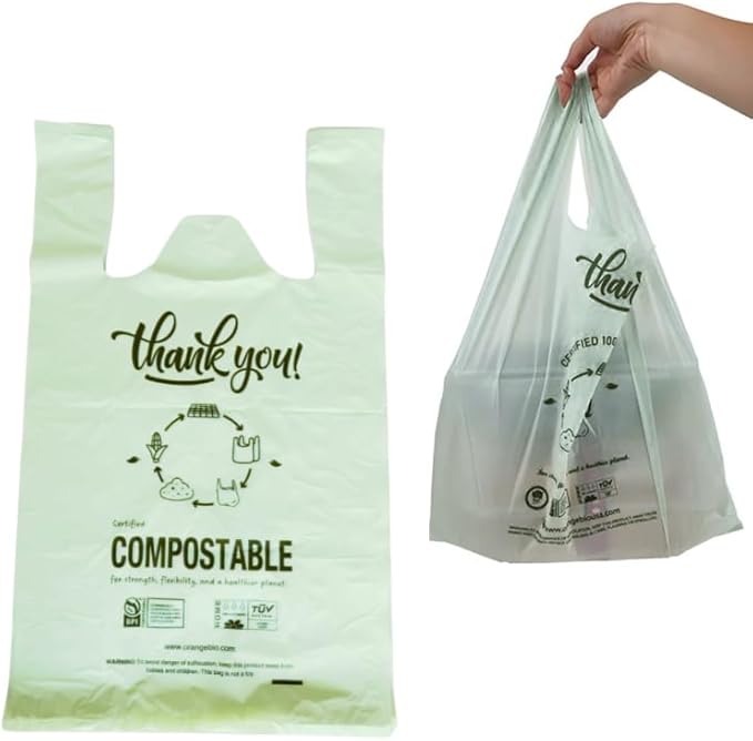 (Large) OrangeBio Certified Home Compostable Shopping Bags, 200ct, 12"x 6" x 20" (Extra Thick), Hold 20 lbs, Thank You/Grocery/Take Out/T Shirt/To-Go Bags for Retail, Grocery Store