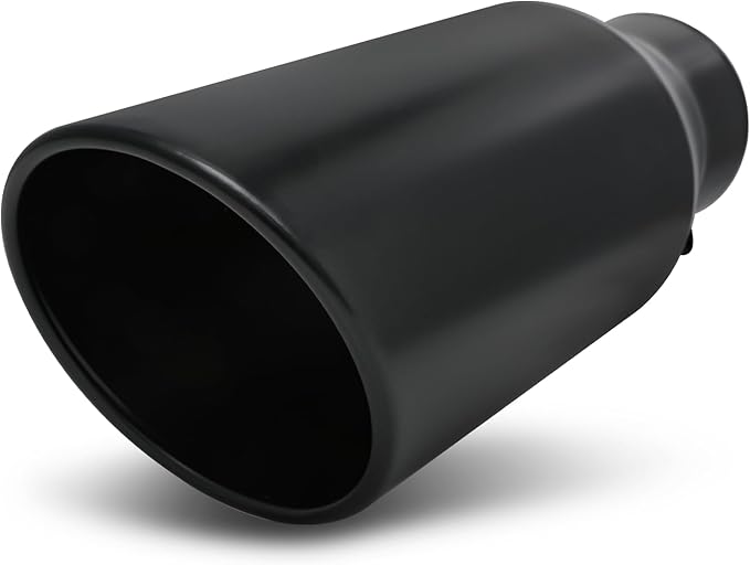 M-AUTO 5" Inlet and 7" Outlet Universal Muffler 15" Overall Length, Heavy Duty Stainless Steel Auto Accessories Roll and Angle Cut Tip for Car Pickup Trucks, Black