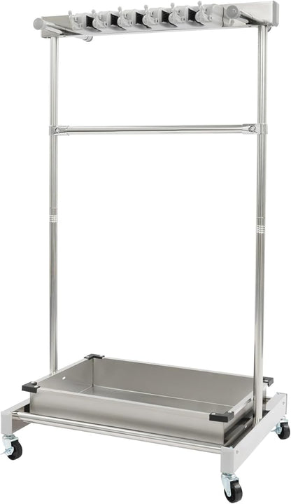 Broom Mop Holder Cleaning Supplies Organizer, Mobile Mop Rack with Water Basin & 12 Hooks, Freestanding Cleaning Tool Cart Storage Rack for Home Garden Garage Schools Hotels (Stainless Steel Basin)
