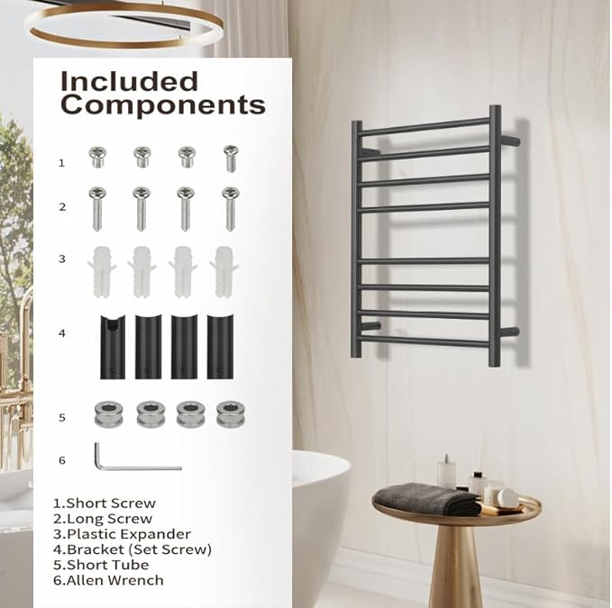 (1 Pack Yariwiz) Electric Towel Warmer for Bathroom Wall Mounted Drying Rack Plug-in Electric Heated Towel Rack Stainless Steel Round 8 Bars Bath Towel Heater Black