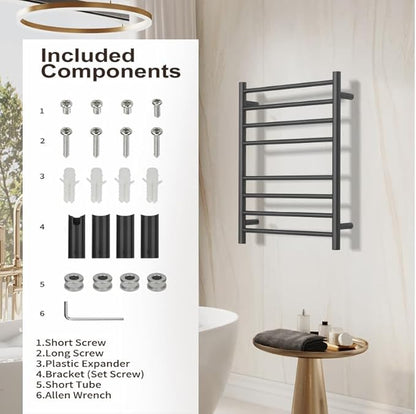 (1 Pack Yariwiz) Electric Towel Warmer for Bathroom Wall Mounted Drying Rack Plug-in Electric Heated Towel Rack Stainless Steel Round 8 Bars Bath Towel Heater Black