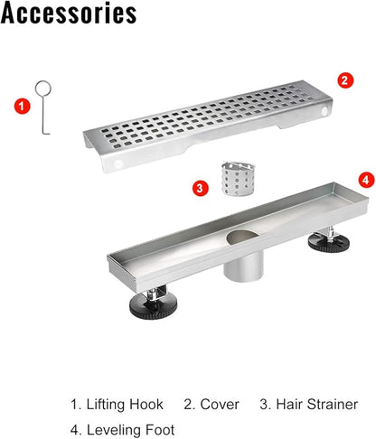 SaniteModar Shower Drain, 12 inch Linear Shower Drain with Removable Square Hole Panel, AISI 304 Stainless Steel Brushed Shower Floor Linear Drain with Adjustable Feet and Hair Strainer