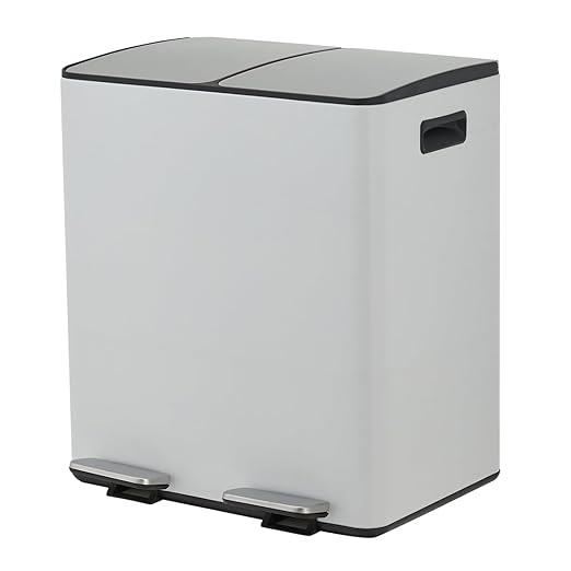 2 x 5.3 Gal (2 x 20L) Dual Compartment Stainless Steel Kitchen Trash Can, Garbagin Bin with Recycling, Soft-Close Lid, Foldable Step-on Pedal, Removable Plastic Inner Buckets, White