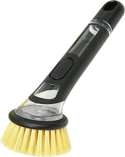 Soap Dispensing Dish Brush with Long Handle, Kitchen Scrub Brush for Pots, Pans, Sink and Dishes, Round, 9.25in, Plastic and Nylon Bristles (Gray)