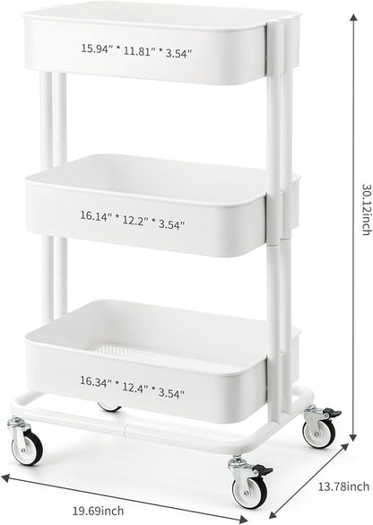 3 Tier Rolling Cart Metal Heavy Duty Utility Cart with Silent Caster Lockable Wheels Multi-Functional Organization Carts Storage Trolley with Mesh Shelves for Office Kitchen Living Room white