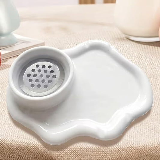 2-in-1 Ceramic Nail Art Brush Cleaner & Palette, Professional Manicure Brush Cleaning Cup with Removable Stainless Steel Filter & Mixing Palette for Gel Polish & Acrylic Painting
