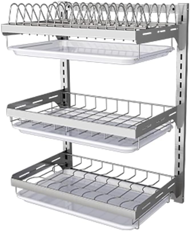 Dish Rack Wall Mounted,Hanging Dish Drying Rack,3 Tier Stainless Steel Dish Rack,Adjustable Length Drain Rack.with Drain Tray,Hooks（Silvery）