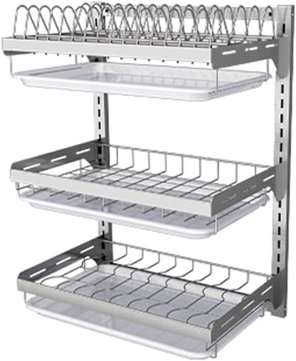 Dish Rack Wall Mounted,Hanging Dish Drying Rack,3 Tier Stainless Steel Dish Rack,Adjustable Length Drain Rack.with Drain Tray,Hooks（Silvery）