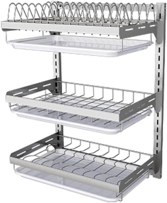 Dish Rack Wall Mounted,Hanging Dish Drying Rack,3 Tier Stainless Steel Dish Rack,Adjustable Length Drain Rack.with Drain Tray,Hooks（Silvery）