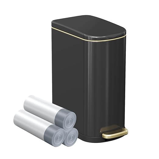KSSKSS 2.6 Gallon Slim Bathroom Trash Can with Soft-Close Foot Pedal, 10L Stainless Steel Garbage Can with Removable Liner Bucket, for Narrow Spaces,Bathroom, Bedroom (Titanium Black)