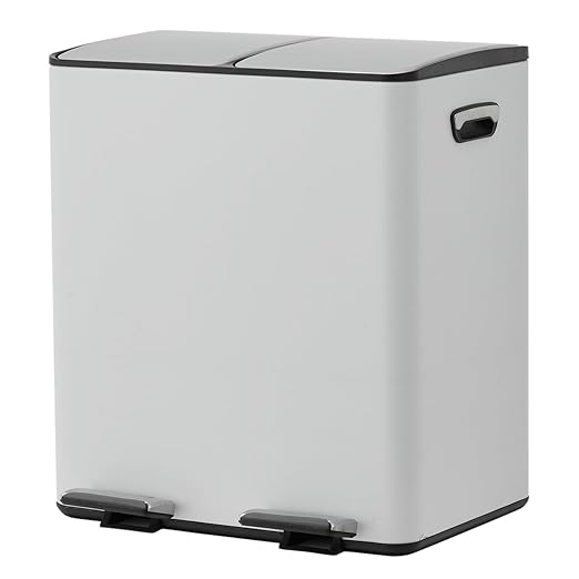 Dual Compartment Trash Can, 2 x 5.3 gal, 20L x 2 Stainless Steel Recycling Bin, Modern Kitchen Trash Bin with Foldable Anti-Slip Foot Pedal, Soft-Close Lid, Removable Inner Buckets, Kitchen Garbage