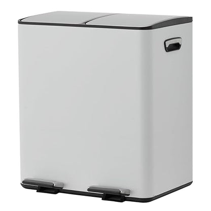 Dual Compartment Trash Can, 2 x 5.3 gal, 20L x 2 Stainless Steel Recycling Bin, Modern Kitchen Trash Bin with Foldable Anti-Slip Foot Pedal, Soft-Close Lid, Removable Inner Buckets, Kitchen Garbage