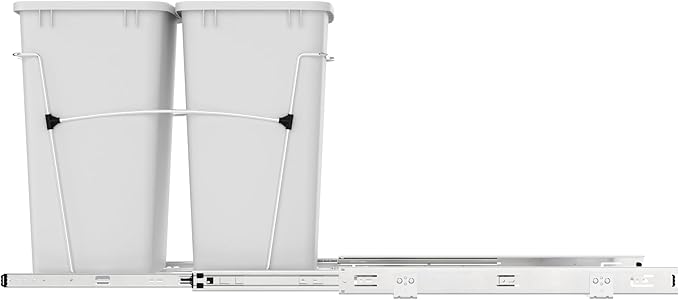 Rev-A-Shelf Double 35 Qt Pullout Trash Can for Base Kitchen Cabinets, Garbage Waste Bin System with Full-Extension Slides, Min Opening Width of 14.5" White/Chrome, RV-18KD-11C S