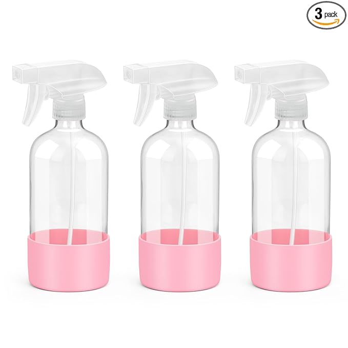 Rionisor Glass Spray Bottles with Silicone Sleeve Protection, Empty 16 oz Refillable Containers, Reusable Spray Bottles with Adjustable Nozzle for Hair, Cleaning Solutions, 3 Pack Pink