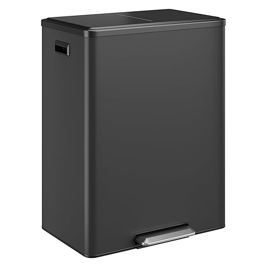 16 Gallon/60 L Dual Trash Can, Stainless Steel Garbage Can with Soft-Close Lid & Step Pedal, 2 x 8 Gallon Commercial Double Recycling Bin with 2 Removable Inner Buskets for Kitchen Office, Black