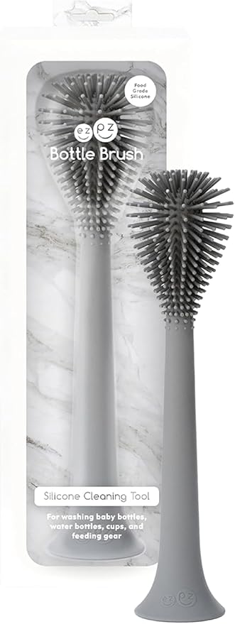 ezpz Bottle Brush (Gray) - Odor-Resistant Silicone Cleaning Tool with Long Sturdy Handle and Suction Base - Flexible Top for Tight Spaces - Gently Cleans Cups, Glasses, Bottles and Accessories