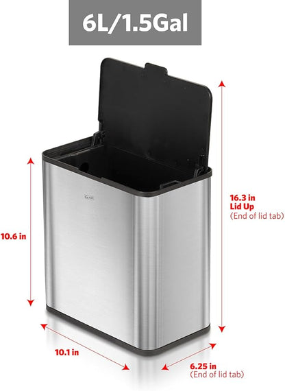 Glad Roomate Stainless Steel Under Counter Waste Bin with Clorox Odor Protection | Space Saving Dual Lid Small Trash Can for Kitchen Cabinet, Bathroom or Office, 1.5 Gallon (6L)