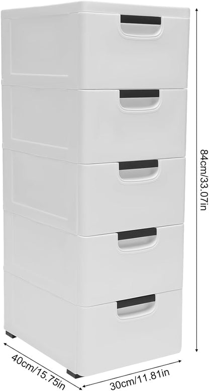 Plastic Drawers Dresser Storage Cabinet with Wheels,5 Drawer Stackable Vertical Clothes Storage Tower,Organizer Unit for Bathroom Entryway Living Room,White