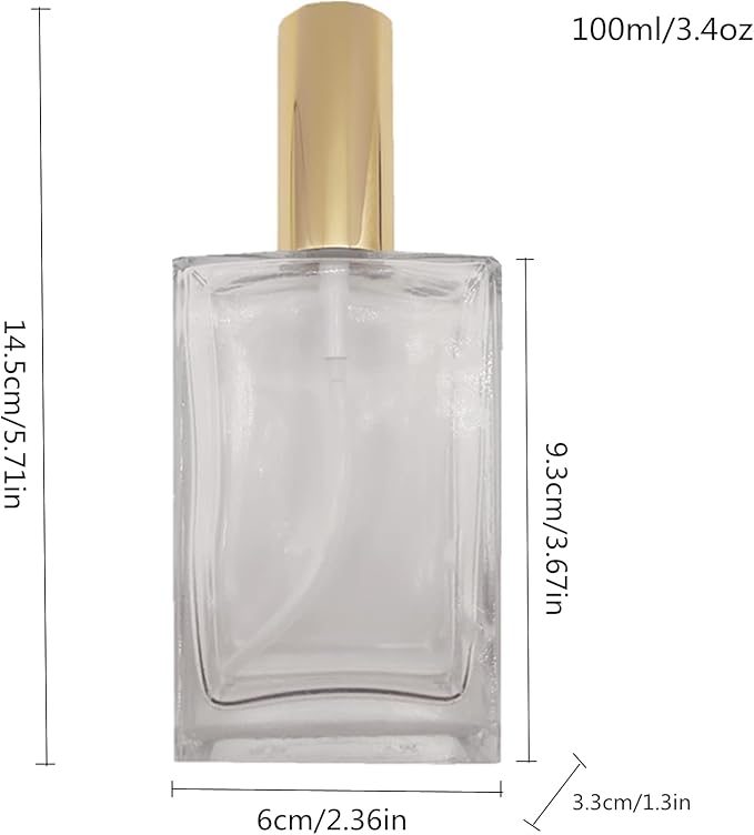 5PCS Square Glass Spray bottle,3.4oz Small Refillable Container with Fine Mist srpayer,Perfume bottle (100ml, Clear+Gold)