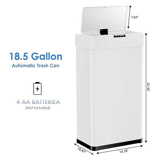 Sensor Trash Can, Touchless Motion Sensor Trash Bin, Smart Automatic Garbage Can with Soft-Close Lid, Bag Retainer Ring and Display Light,for Kitchen,Living Room Office (White, 18.5 Gal)
