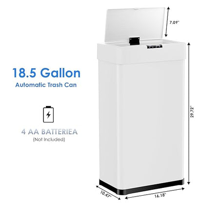 Sensor Trash Can, Touchless Motion Sensor Trash Bin, Smart Automatic Garbage Can with Soft-Close Lid, Bag Retainer Ring and Display Light,for Kitchen,Living Room Office (White, 18.5 Gal)