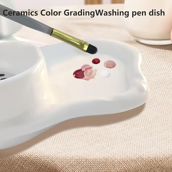 2-in-1 Ceramic Nail Art Brush Cleaner & Palette, Professional Manicure Brush Cleaning Cup with Removable Stainless Steel Filter & Mixing Palette for Gel Polish & Acrylic Painting