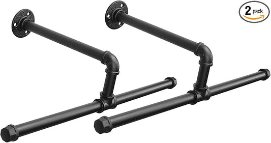 Industrial Pipe Clothes Rack Wall-Mounted, Multi-purpose Rustic Vintage Hanging Rod for Space-Saving Storage in Bedroom, Bathroom, and Laundry Room, 2 Pack Black