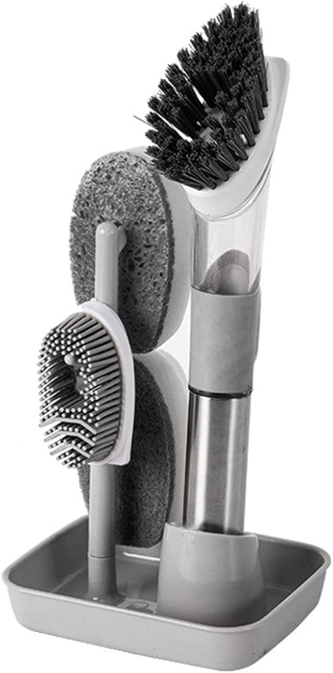 Soap Dispensing Dish Brush with 4 Replacement Heads 4 in 1 Long Handle Cleaner