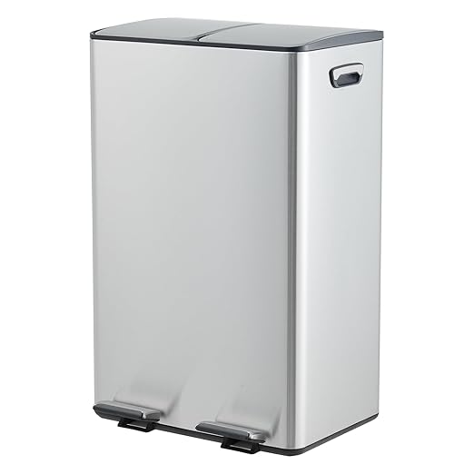 Dual 2 x 8 gal (2 x 30L) Stainless Steel Trash Can with Recycling Bin, Soft-Close Lid, Foldable Anti-Slip Step-on Pedal, Stainless Steel Handle, Removable Plastic Inner Buckets for Kitchen or Office