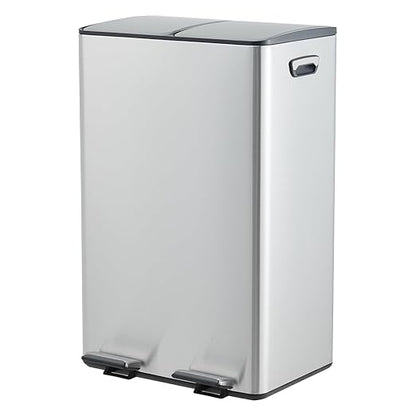 Garvee Dual Compartment Trash Can, 2 x 8 Gal (2 x 30L) Stainless Steel Recycling Bin with Anti-Slip Foldable Foot Pedal & Soft-Close Lid, Kitchen Garbage & Recycle Bin Combo - Silver