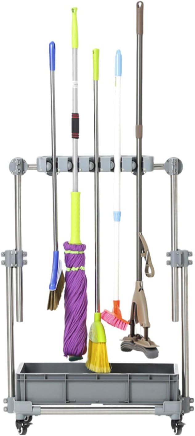 Broom and Mop Holder,Freestanding Mobile Cleaning Tool Storage Rack,Yard and Organizers,for Garden Garage Shed(5tow6hooks)