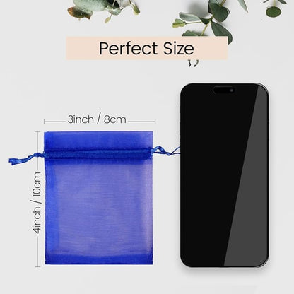 Meowoo 100PCS Organza Bags, 3x4in Small Mesh Bags Drawstring, Mesh Gift Bags Drawstring for Jewelry, Candy, Christmas, Sachets, Bathroom Soaps, Makeup Organza, Wrapping Supplies(Preciousblue)