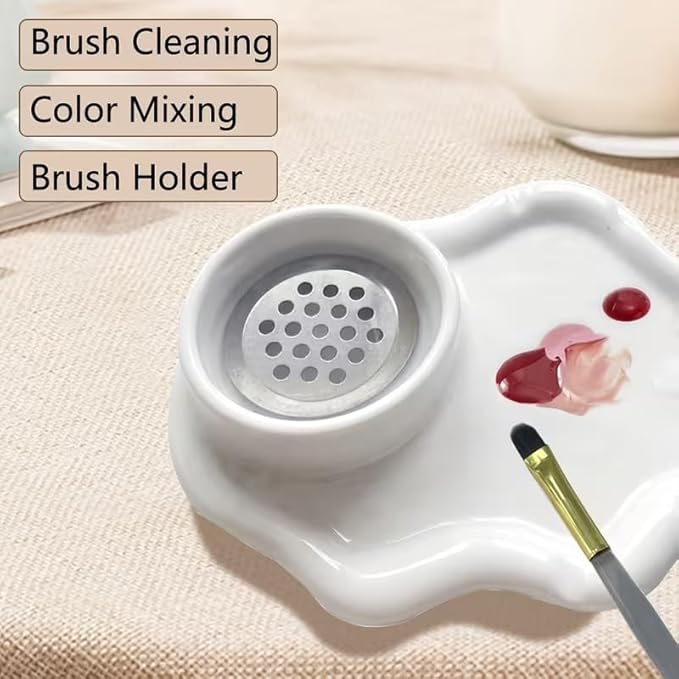 2-in-1 Ceramic Nail Art Brush Cleaner & Palette, Professional Manicure Brush Cleaning Cup with Removable Stainless Steel Filter & Mixing Palette for Gel Polish & Acrylic Painting