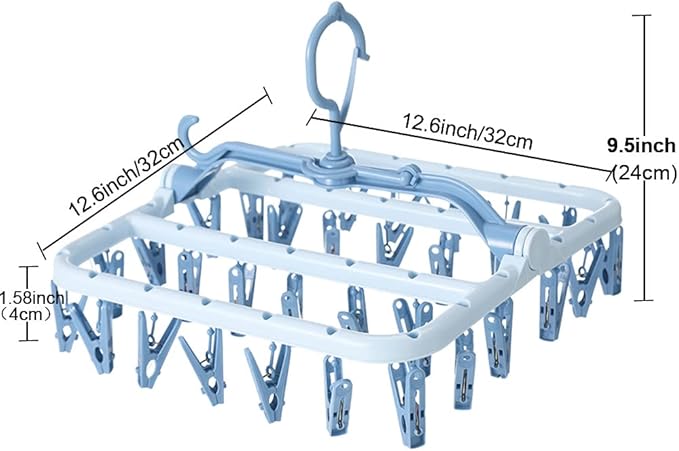 Foshine Clothes Drying Racks Foldable Clip Hangers Drip Hanger Plastic with 32 Drying Clips Wind-Proof Hook Underwear Hanger for Socks Bras (Blue)