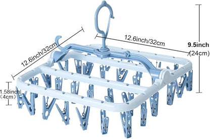 Foshine Clothes Drying Racks Foldable Clip Hangers Drip Hanger Plastic with 32 Drying Clips Wind-Proof Hook Underwear Hanger for Socks Bras (Blue)