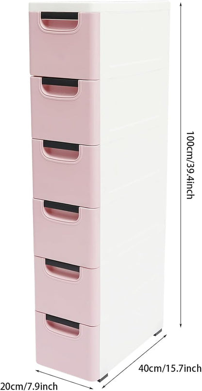 6 Drawers Narrow Slim Plastic Storage Cabinet,Storage Drawer with Wheels,6 Tier Drawers Dresser,Rolling Narrow Cabinet for Small Spaces Bathroom Kitchen Living Room,Pink