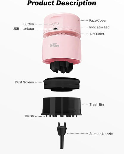 JOYTUTUS Mini Vacuum Cleaner Desk Vacuum Portable Cordless 360º Rotatable Handheld Vacuum 2 Suction Modes USB for Car/Home/Pet Hair/Office/Desk/Keyboards Pink