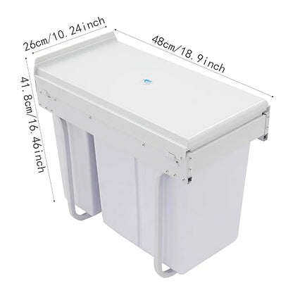 Pullout Trash Can, 10L + 20L Pull Out Under Cabinet Trash Can with Lid, Kitchen Cabinet Garbage Can Sliding Out Under Counter Waste Bin (White)